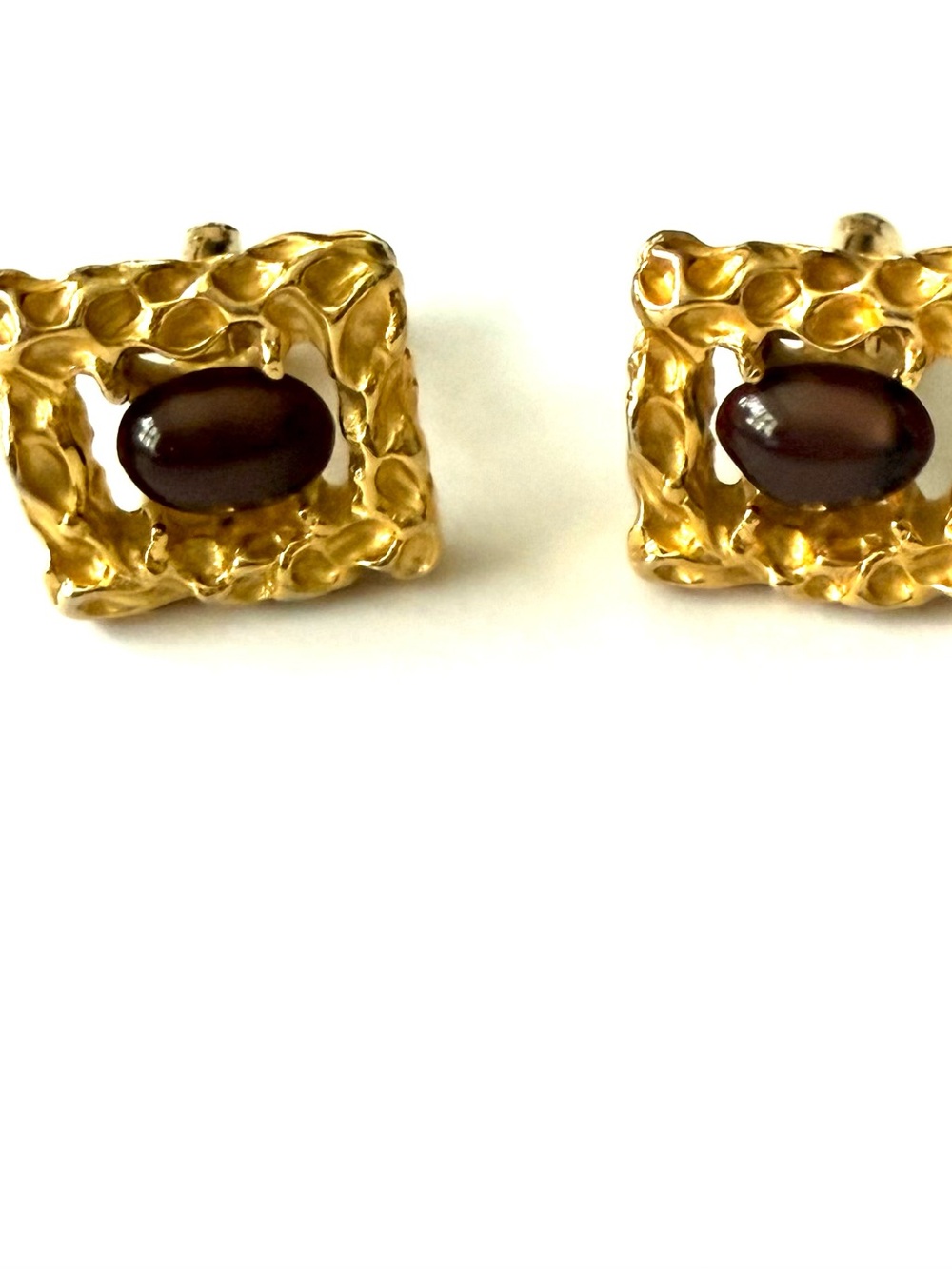 Gold-Tone Textured Frame Cufflinks  with Brown Cabochon